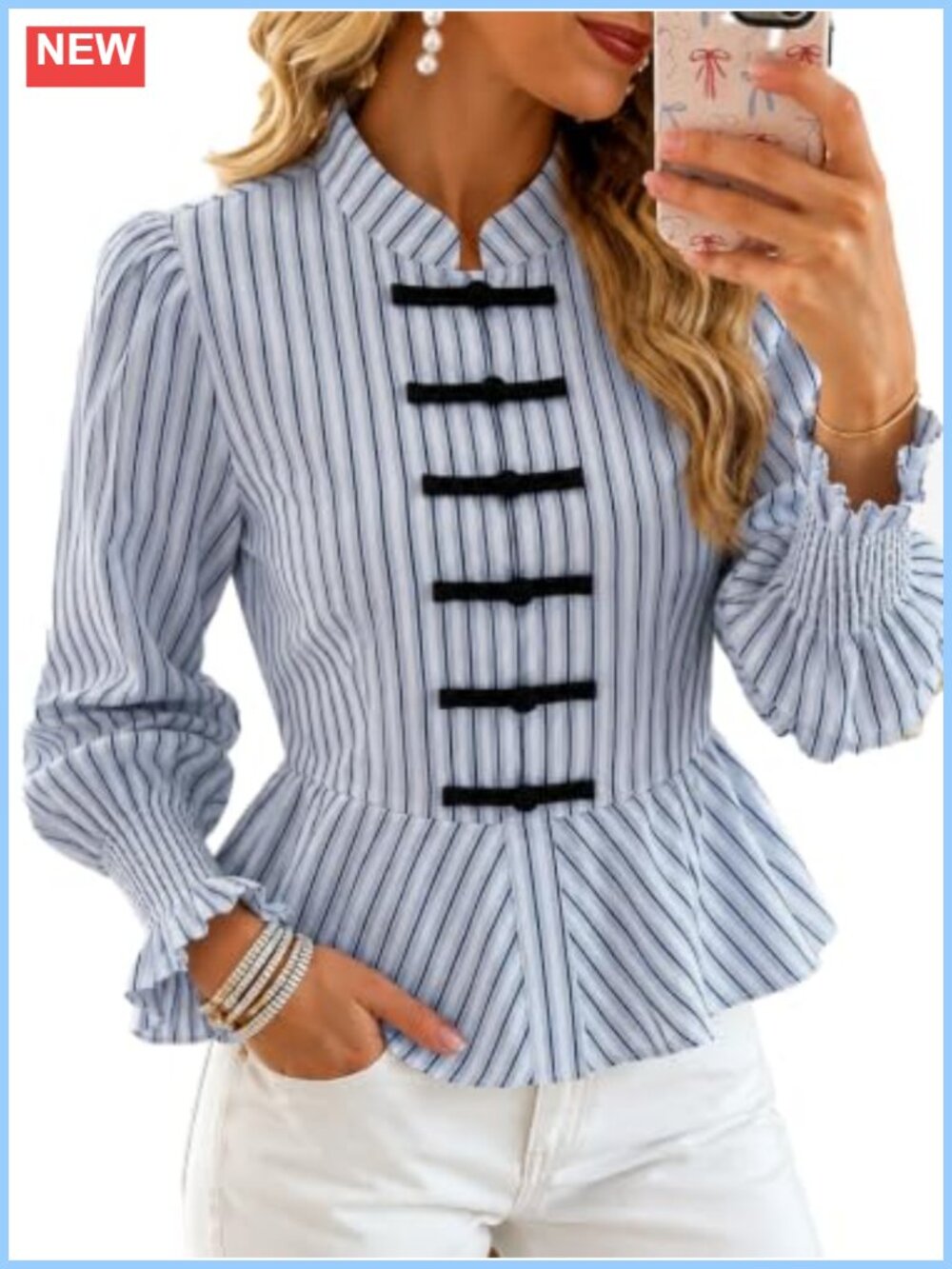 Striped Peplum Blouse Long Sleeve Frog Button Work Top